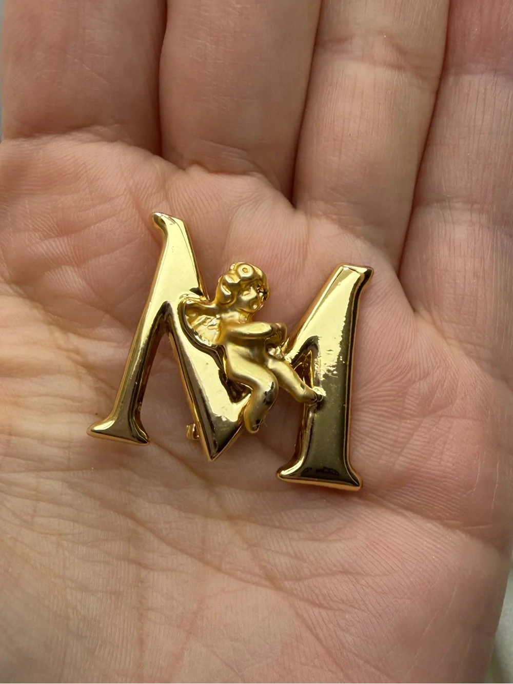 Vintage Gold Letter M Pin with Cherub Accent - Men's Accessory